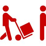 A red sign with two people pulling a cart